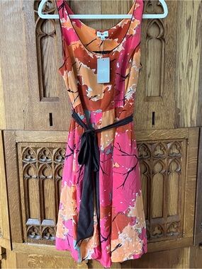 Sleeveless Pink & Orange Floral-Print Midi Dress with Black Waist Tie